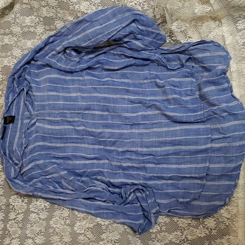 Sara Studio Tunic Top Blue White Stripes Roll Tab Sleeves Large